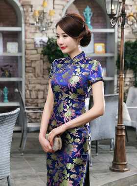 长款织锦缎旗袍开叉旗袍表演T台秀晚会旗袍修身复古旗袍C0033-B