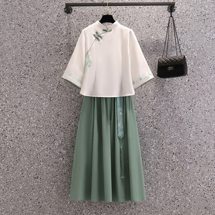 立领盘扣刺绣上衣民族风流苏裙套装 旗袍七分中袖 国风复古唐装 中式