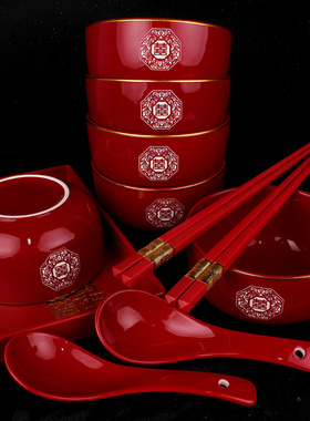 结婚用品喜碗筷子勺子套装陶瓷红碗对碗陪嫁用品回礼喜碗新款酒红