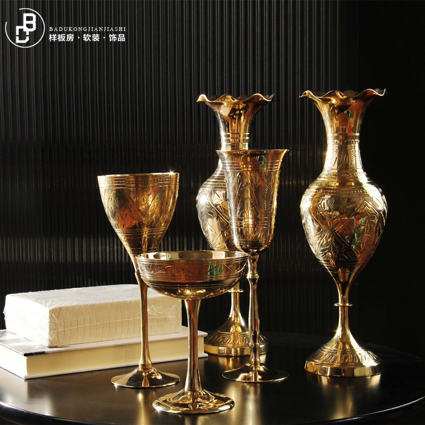 中古侘寂老钱风装饰摆件样板房别墅售楼部酒柜吧台铜质花瓶酒杯,家居饰品,装饰摆件,淘宝优惠券,粉丝福利购,淘宝优惠卷