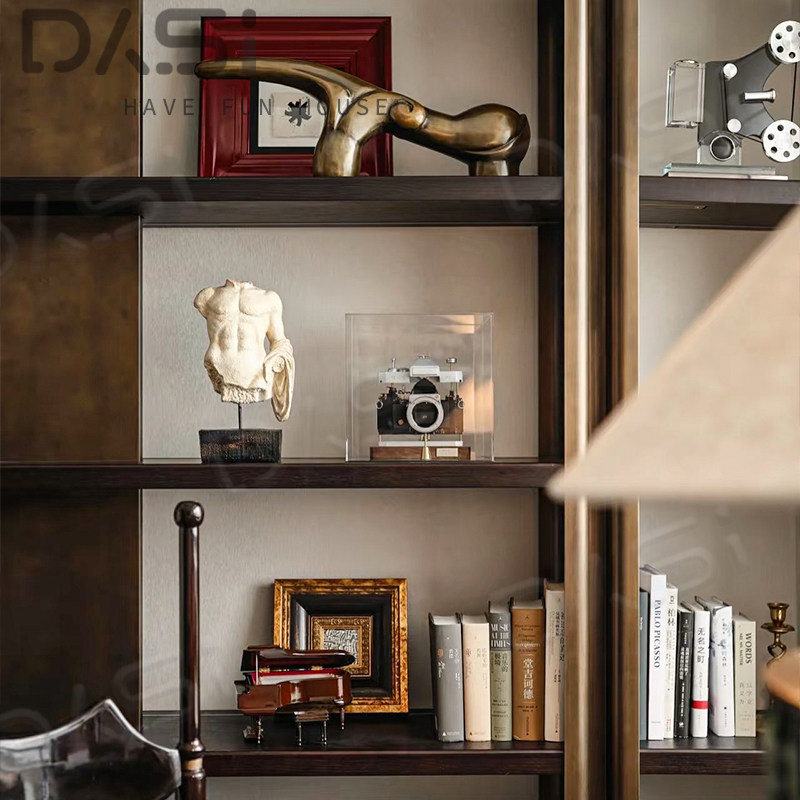 样板间复古风装饰画大理石花器茶几烛台铜书柜陈列几何人物石膏像