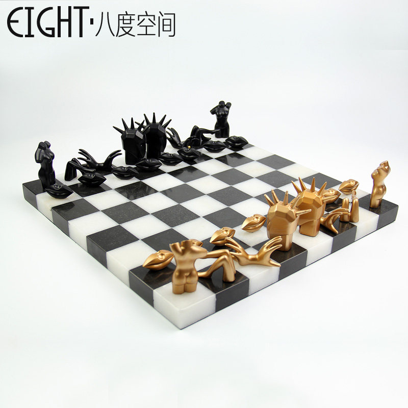 居家样板间飘窗客厅茶几书房摆件黑白国际象棋个性创意艺术工艺品