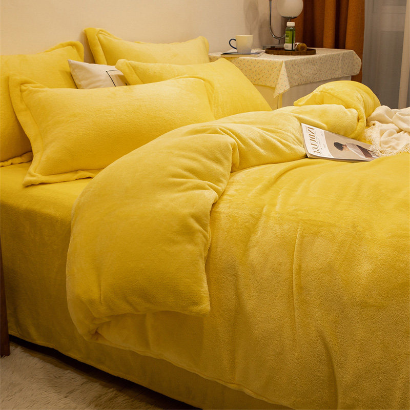 毛绒四件套双面绒暖黄色被套简约珊瑚绒加绒冬天的床单冬款法莱绒
