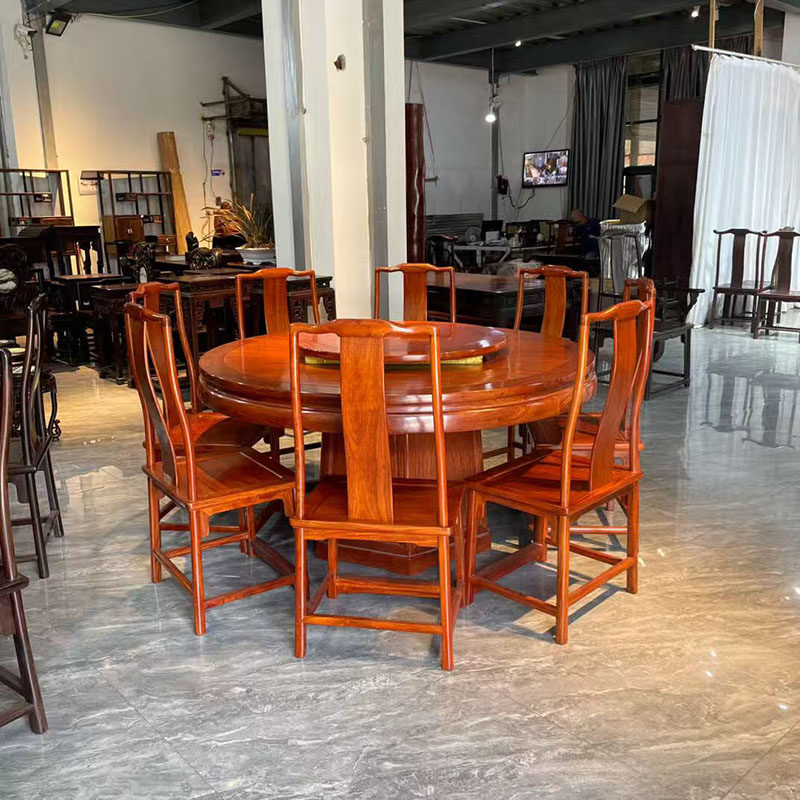 缅甸花梨明式圆餐桌九件套新中式客厅全实木餐桌椅组合红木家具
