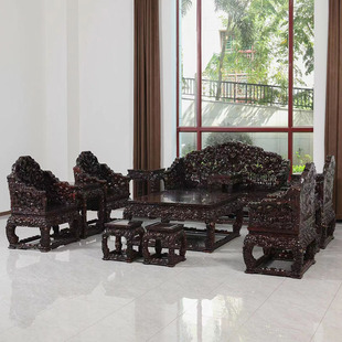 红木家具印度小叶紫檀镂空荷花宝座沙发十三件套中式客厅沙发组合