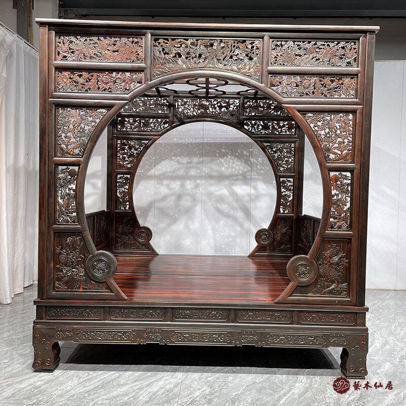 红木家具大红酸枝花鸟架子床交趾黄檀实木月洞门千工拔步床主卧床