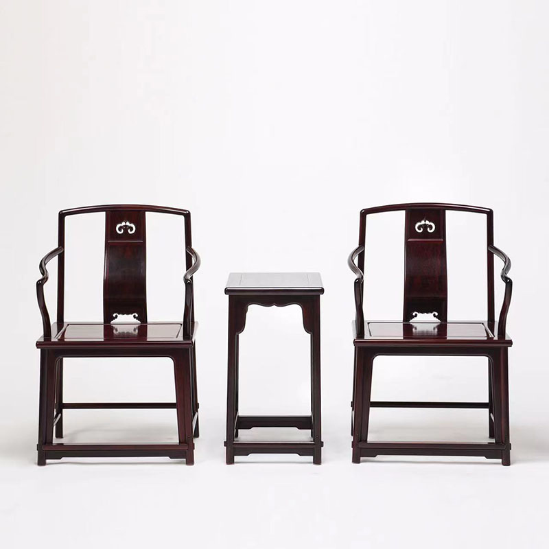 印度小叶紫檀南官帽椅三件套明式高扶手透雕如意纹红木南宫椅围椅