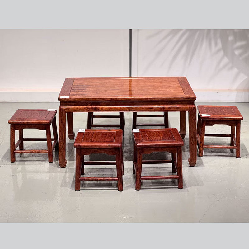 海南黄花梨休闲桌七件套红木泡茶桌棋牌桌全实木中式方餐桌椅组合