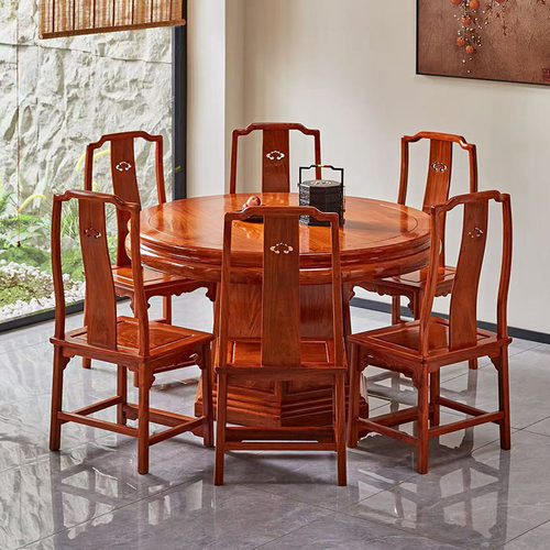 缅甸花梨128cm圆餐桌七件套新中式客厅全实木餐桌椅组合红木家具