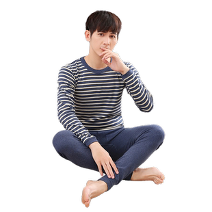 萱泽纯棉中童大童青年成人彩条低领男式家居内穿马兰条套装