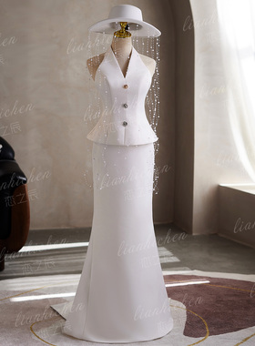 恋之辰法式白色挂脖鱼尾晚礼服长裙宴会露背轻婚纱小众简约设计感