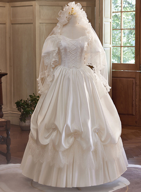 法式出门缎面复古2025新款重工轻婚纱轻奢影楼宫廷带泡泡袖礼服女