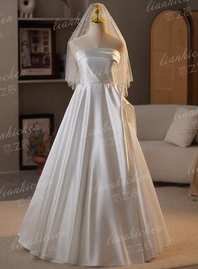 恋之辰法式复古缎面抹胸轻婚纱新娘小个子高级质感出门白色晚礼服