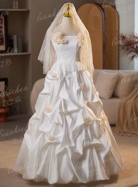 恋之辰法式复古轻婚纱新娘结婚古董蕾丝生日派对写真摄影白色礼服