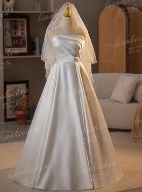 恋之辰法式复古小众高级感迎宾纱2025新款新娘轻婚纱白色缎面礼服