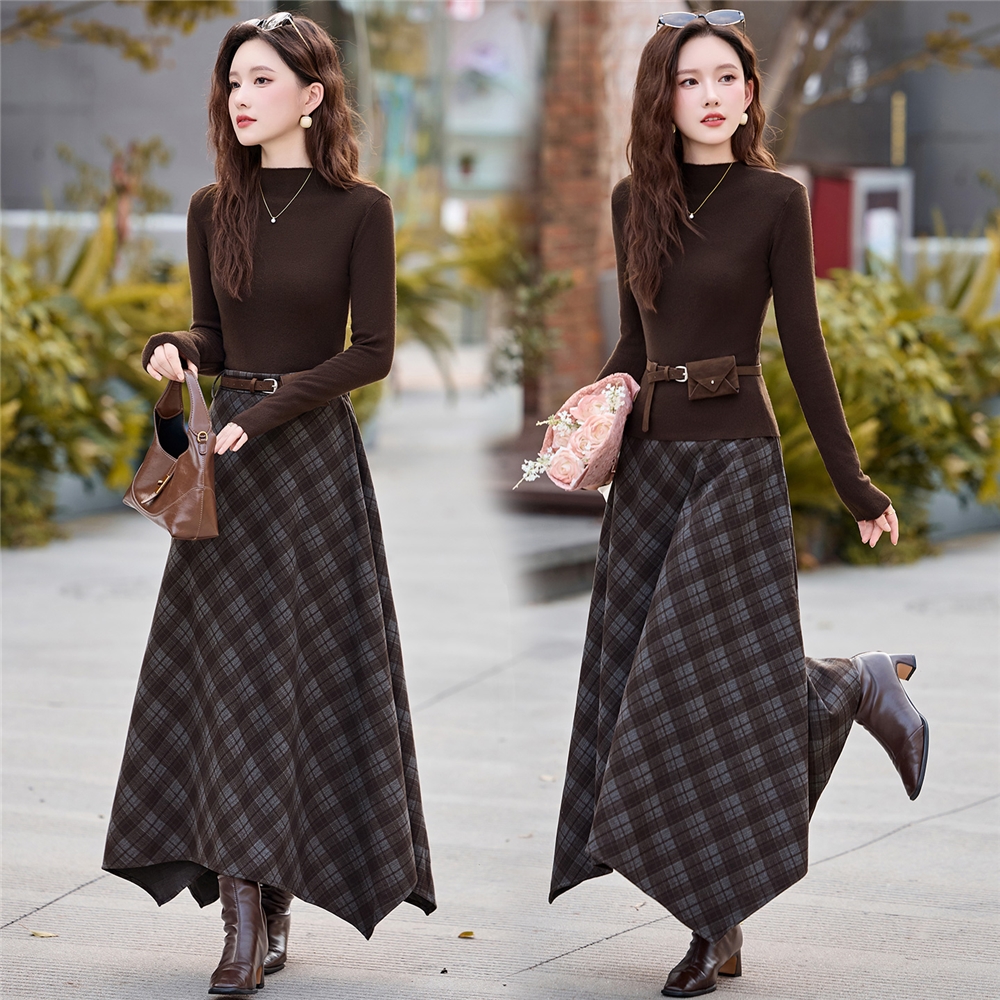 2025年冬季新款毛衣格子半身裙拉毛两件套套装