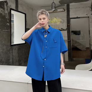 夏季 ins风小众设计感发型师潮牌衬衣 禁欲系高级感领带衬衫 男短袖