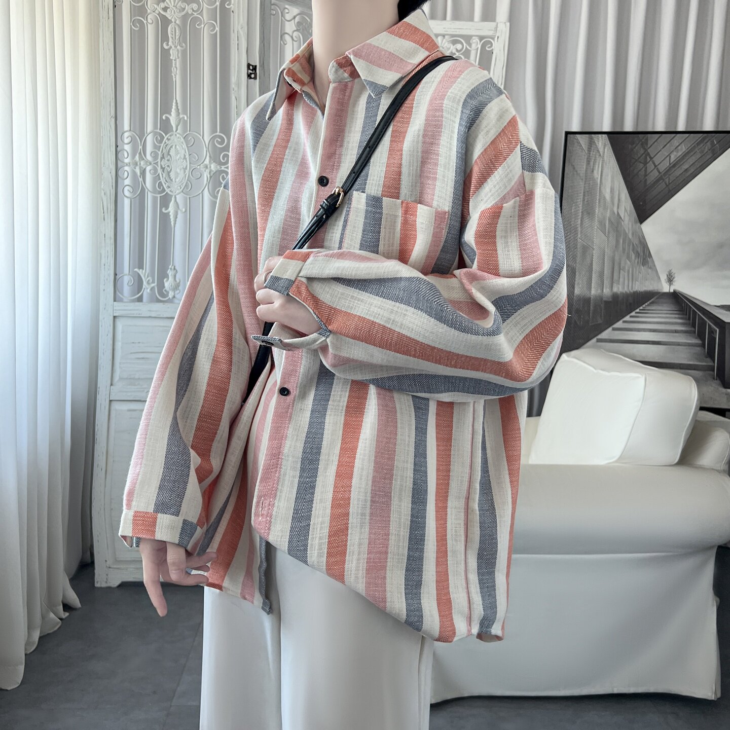 春秋慵懒风条纹宽松薄款男女衬衫