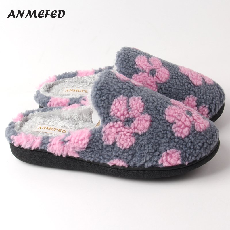 出口秋冬新品时尚大花朵厚底居家用防滑羊羔绒女士室内棉拖鞋