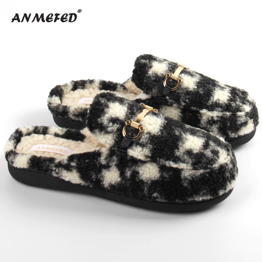 出口女士黑白格子保暖时尚居家防滑百搭方头豆豆鞋包头半跟棉拖鞋,居家布艺,居家棉拖/棉鞋,淘宝优惠券,粉丝福利购,淘宝优惠卷