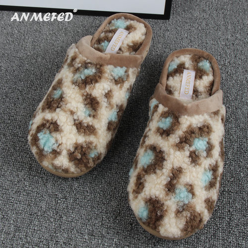 出口外单秋冬新品豹纹加厚绒橡胶底时尚耐磨室内居家用棉拖鞋女士