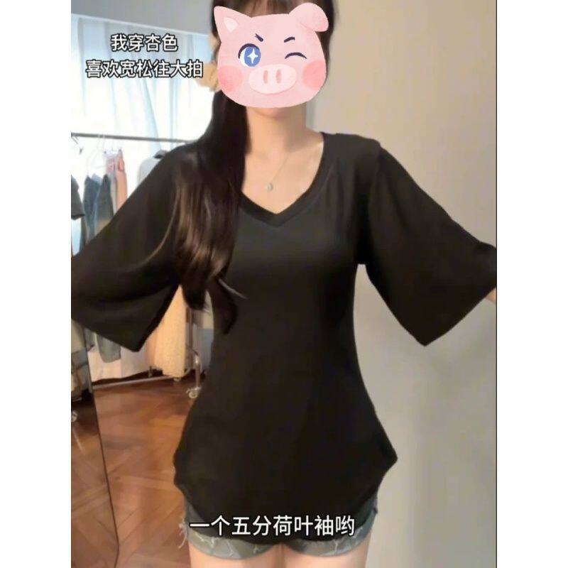 夏季黑色V领五分袖显瘦T恤