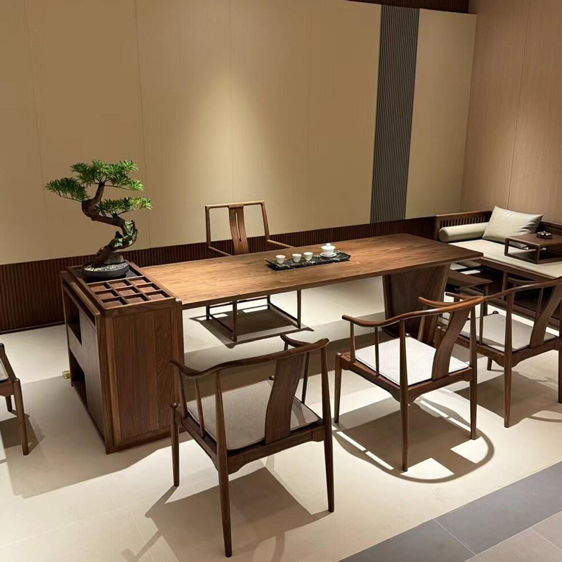 宋式美学国风办公室茶台黑胡桃客厅家用别墅简约白蜡木茶桌椅组合