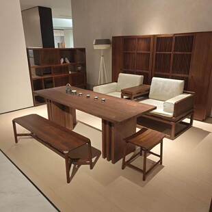 宋式美学简约办公室茶台国风黑胡桃客厅家用别墅白蜡木茶桌椅组合