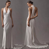 法式 显瘦拖尾礼服写真摄影 优雅挂脖深V领露背鱼尾婚纱白色修身