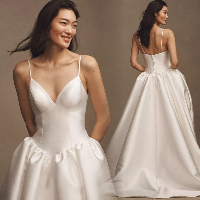 法式缎面吊带婚纱V领修身户外婚礼大码新娘主纱影楼旅拍watters