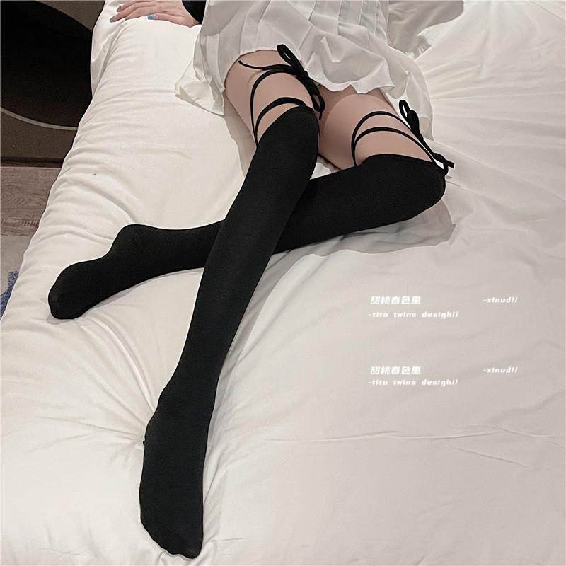 夜间实验黑色绑带袜子女jk交叉小腿袜长筒lolita过膝显瘦ins潮夏