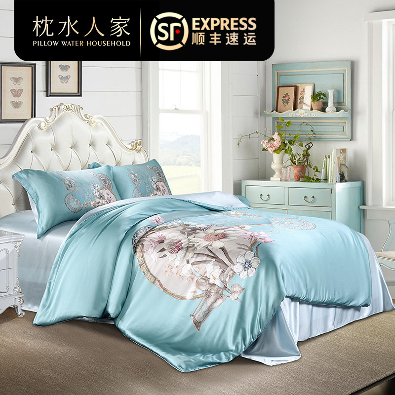 枕水人家100%真丝床上四件套数码喷绘婚庆桑蚕丝丝绸双面宽幅套件