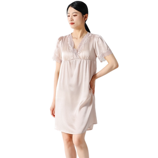 枕水人家真丝睡裙女款高级感100%桑蚕丝短袖睡衣蕾丝丝绸2025新款