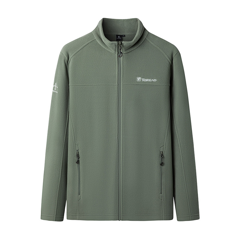 探路者内胆冲锋衣抓绒衣男户外摇粒绒保暖立领开衫有扣绳军绿夹克