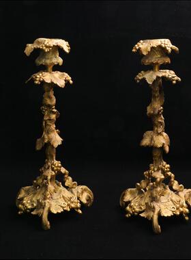 西洋古董陈设19世纪英国维多利亚时代葡萄藤造型鎏金铜烛台一对