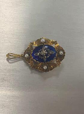西洋古董19世纪英国维多利亚珍珠蓝宝石镶嵌金雕花胸针/项链吊坠