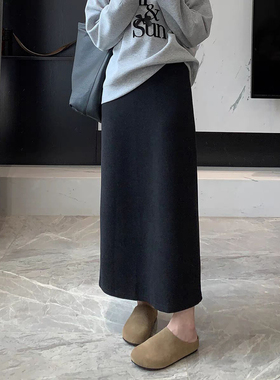 灰色半身裙女2025新款醋酸羊毛呢秋冬季直筒显瘦a字开叉包臀裙长