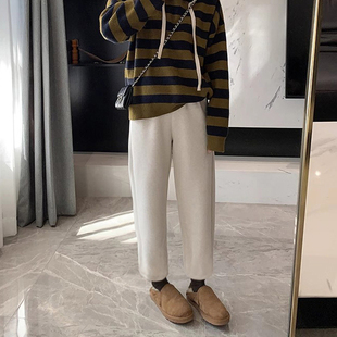 妈妈萝卜裤 高腰香蕉加绒直筒裤 女秋冬小个子新款 白色羊毛呢阔腿裤