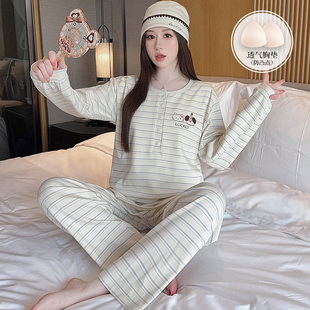 条纹崽吸汗纯棉月子服夏薄款哺乳睡衣产后喂奶孕妇家居服春秋套装