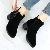 靴子女鞋 真皮马丁靴磨砂短靴女单靴秋冬加绒女靴软底棉鞋 中跟大码