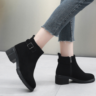 磨砂皮短靴女真皮马丁靴秋冬季软底皮鞋翻毛皮靴子加绒粗跟女靴