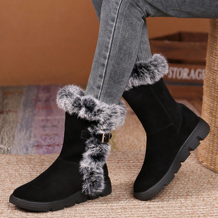 真皮雪地靴女款冬季加绒加厚中筒靴兔毛厚底磨砂棉鞋防滑平底女靴