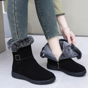 真皮雪地靴女款冬季高帮厚底棉鞋女士加绒保暖皮鞋防滑妈妈鞋平底