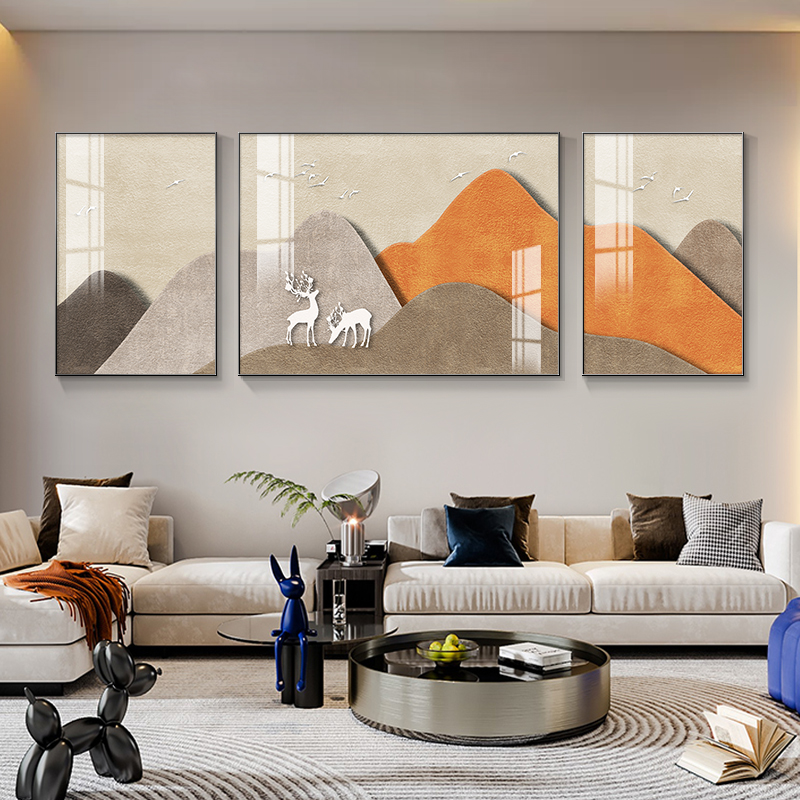现代简约客厅装饰画福鹿金山抽象三联画沙发背景墙挂画高档墙壁画图片