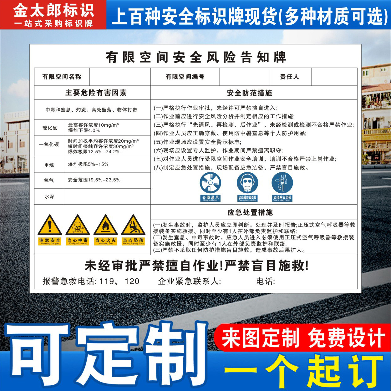 当心空间风险受限作业密闭告知牌