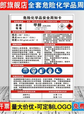 甲醇危险化学品安全周知卡职业病危害告知牌易燃易爆腐蚀中毒危险品标识标志警示牌标示提示标牌定制ZZK08