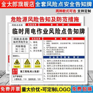 临时用电作业安全风险点告知牌卡危险源预防措施当心触电小心有电车间标识牌标志标示提示贴警示牌定制FXD05