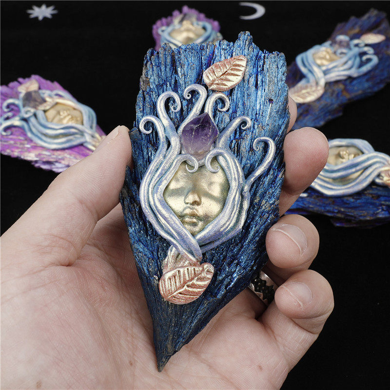 北欧手工浮雕魔法天使蓝色羽毛碧玺原矿石水晶摆件尾翼装饰工艺品