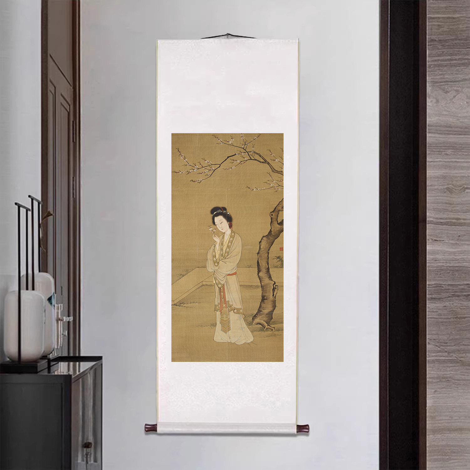 明张纪人面桃花图工笔仕女图卷轴字画客厅装饰画书房茶室复古挂画