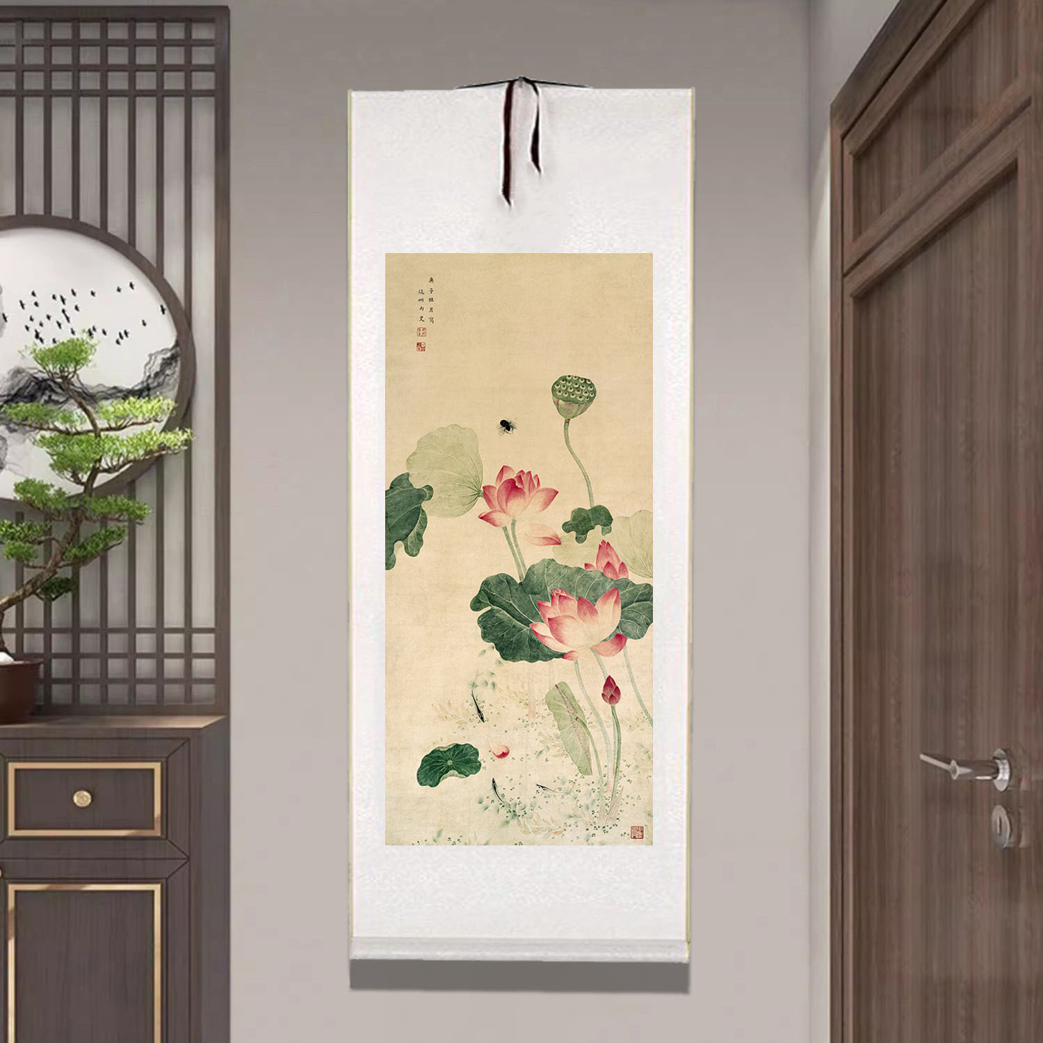 清吴应贞荷花图卷轴挂画古代名画客厅玄关装饰画书房茶室复古壁画图片